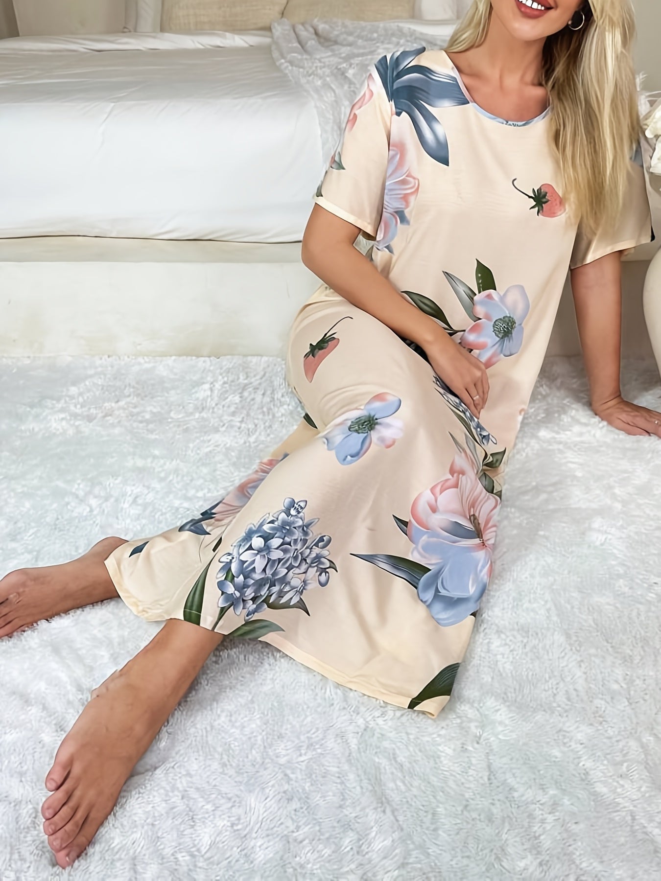 Floral Print Lounge Dress Short Sleeve Home Dress Women's Loungewear