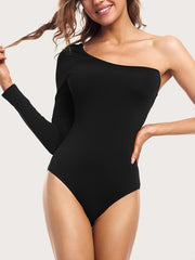 One Shoulder Skinny Bodysuit Solid Long Sleeve Stretchy Bodysuit