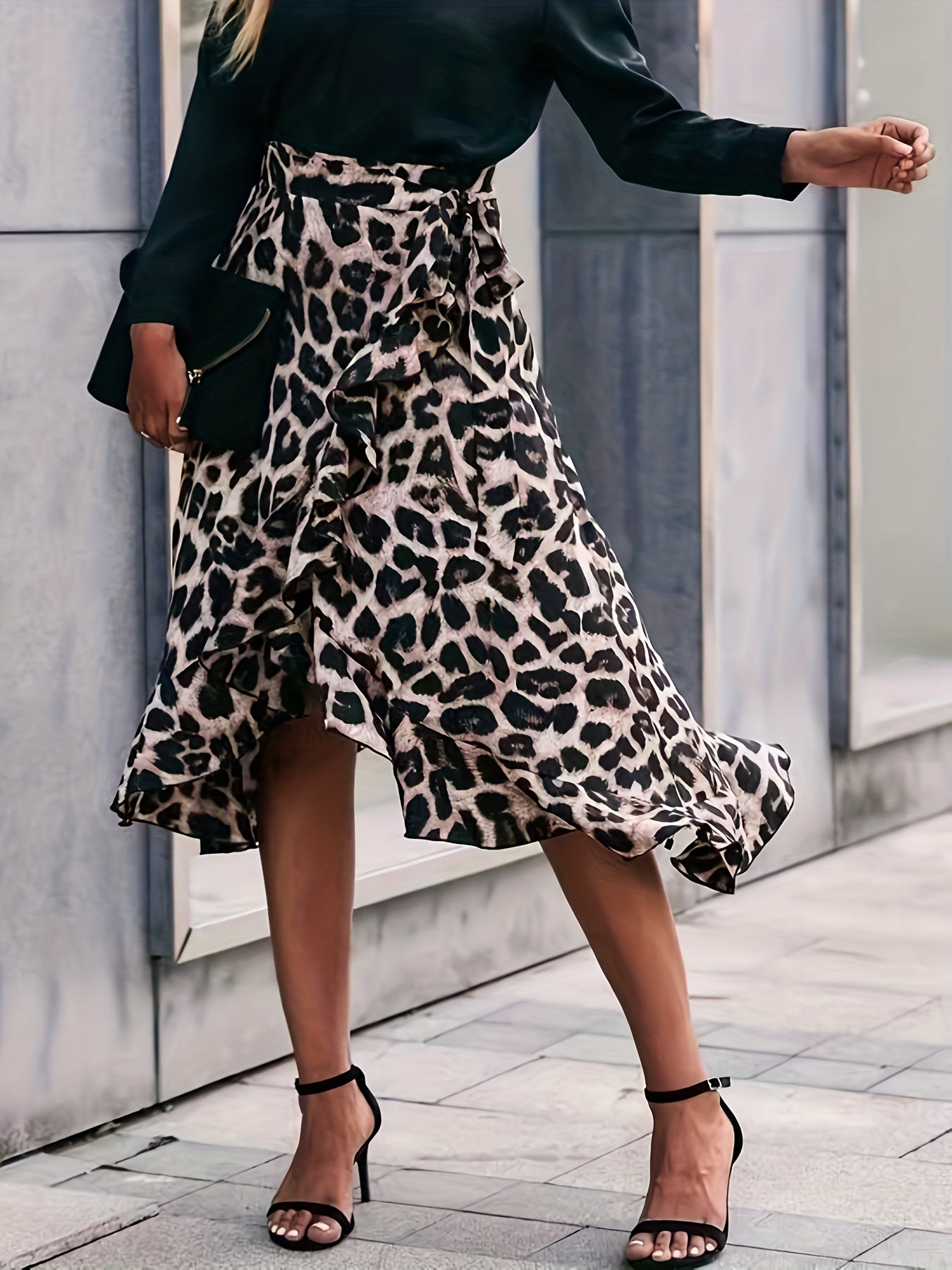 Leopard Print Ruffle Trim Skirt Boho Tie Waist Skirt