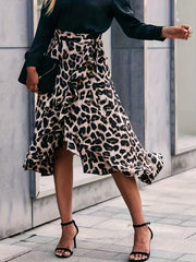 Leopard Print Ruffle Trim Skirt Boho Tie Waist Skirt