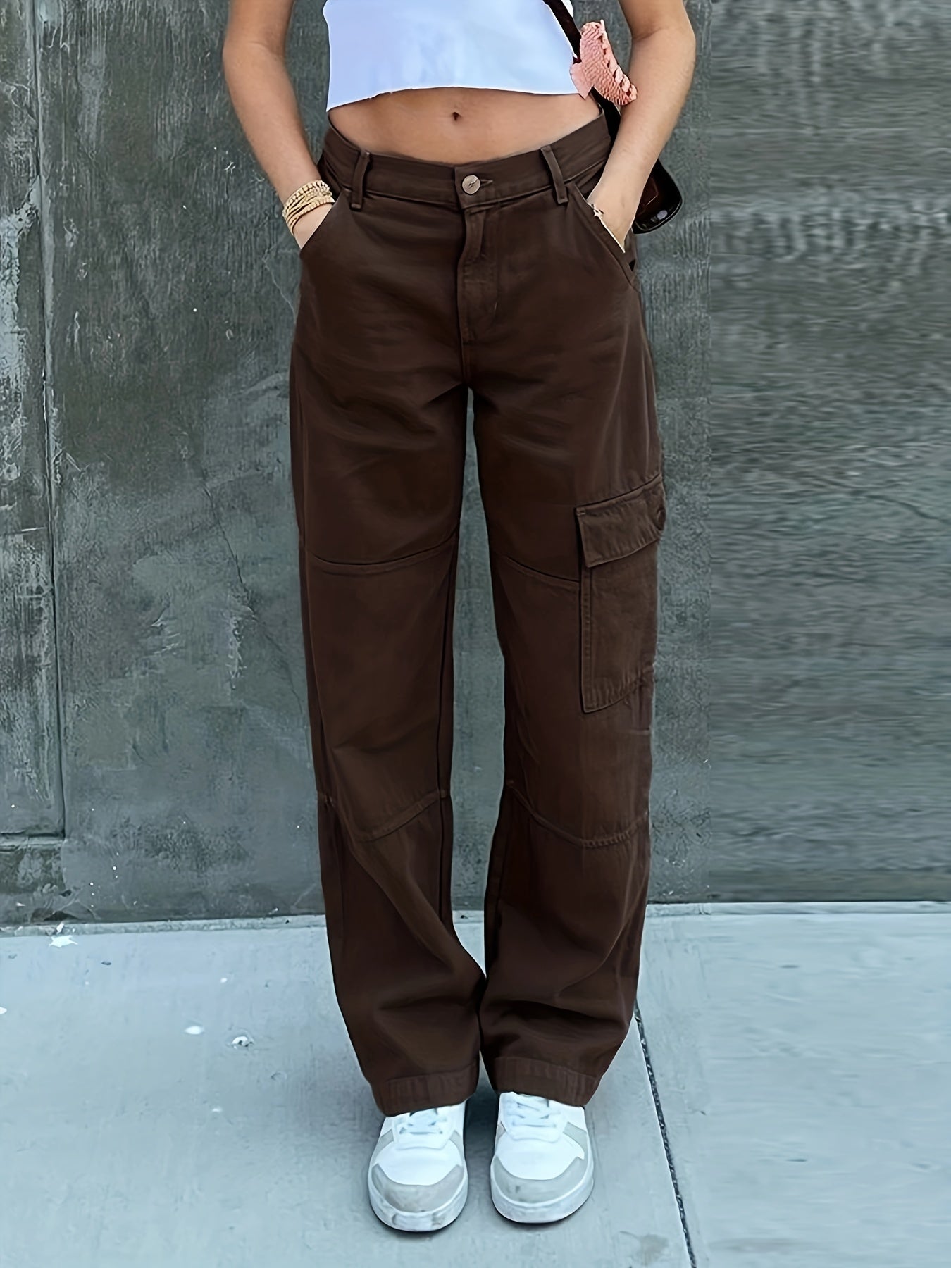 Green Loose Fit Straight Jeans Flap Muti Pockets Wide Legs