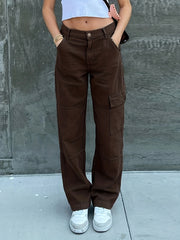 Green Loose Fit Straight Jeans Flap Muti Pockets Wide Legs