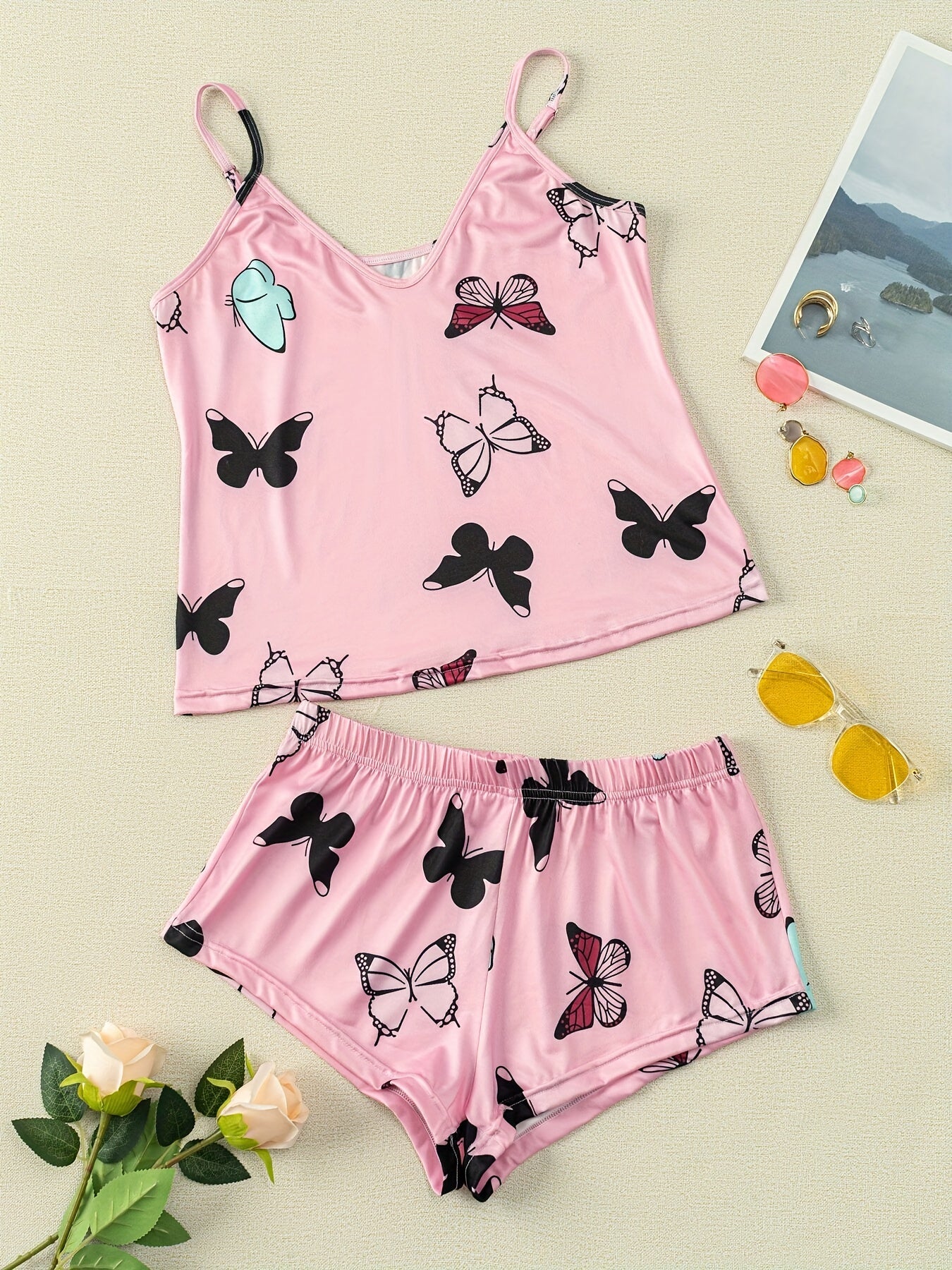 Butterfly Print Pajama Set V Neck Cami Top & Cozy Shorts Women's Loungewear