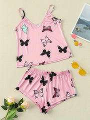 Butterfly Print Pajama Set V Neck Cami Top & Cozy Shorts Women's Loungewear