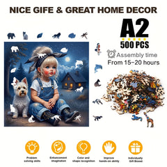 Wooden Jigsaw Puzzle Enchanting Girl & Dog Moonlit Night Scene Animal Si