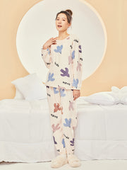 Cartoon Print Fuzzy Pajama Set Long Sleeve Top & Elastic Waistband Pants