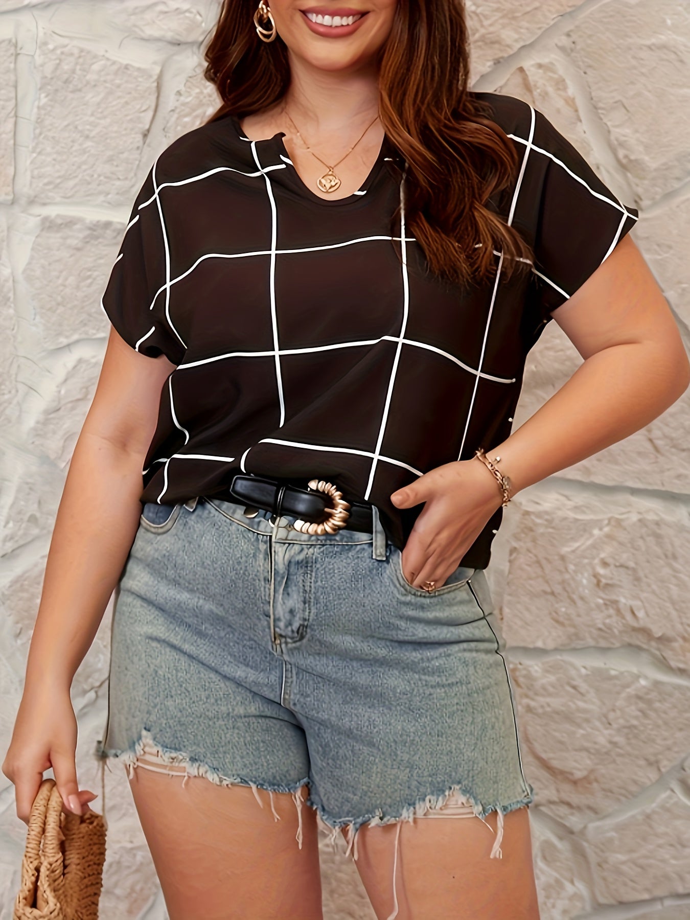 Grid Print Short Sleeve Blouse