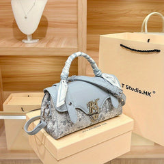 Sky Moire Pattern Handbag with Detachable Strap & Buckle Closure