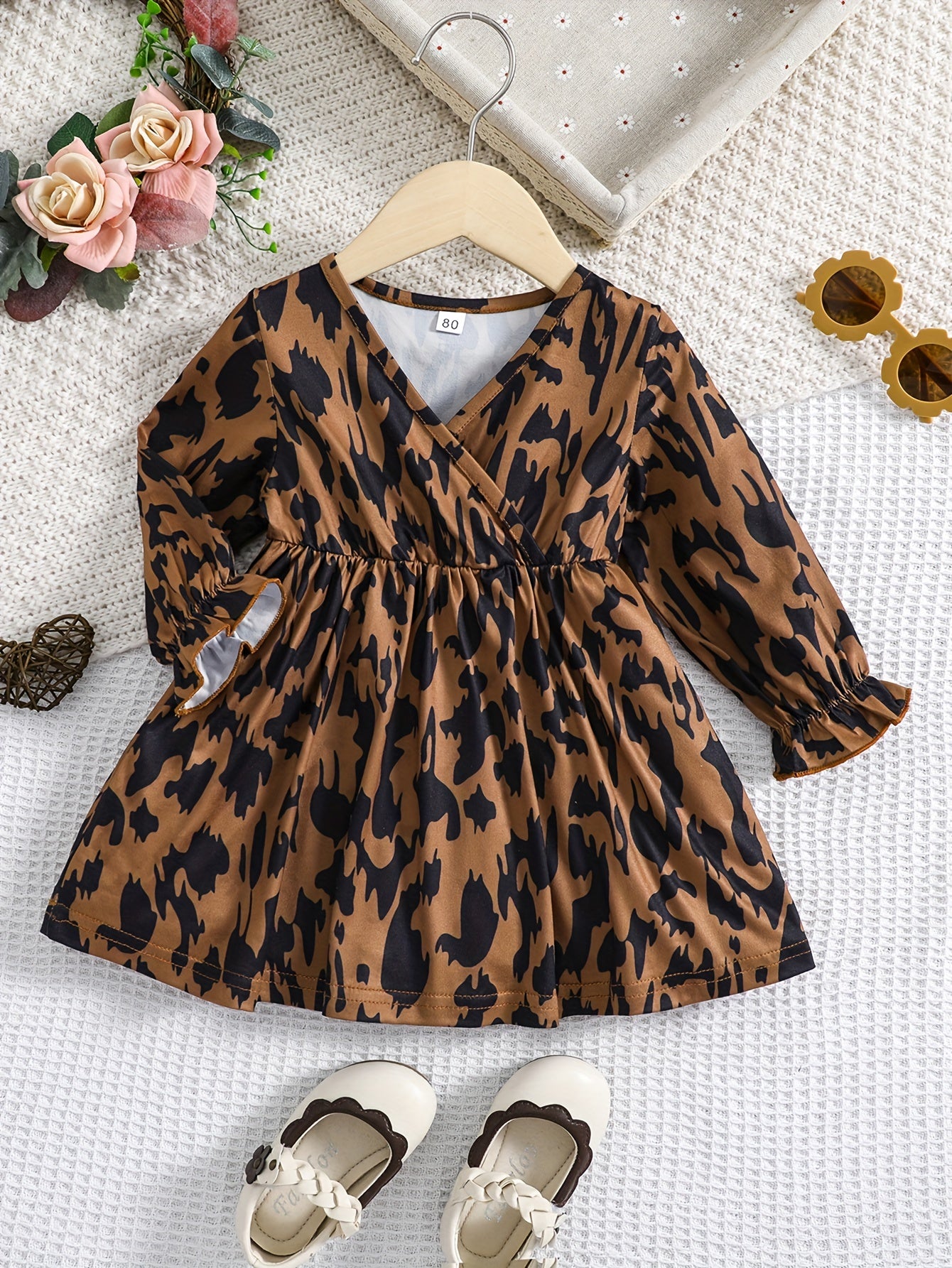 Baby Girls V-Neck Leopard Print Stylish Dress for Spring & Autumn