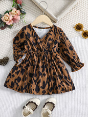 Baby Girls V-Neck Leopard Print Stylish Dress for Spring & Autumn