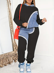 Plus Size Colorblock Denim Print Hoodie & Joggers Set