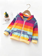 Girls Winter Hooded Jacket with Rainbow Stripes and Zipper Pockets