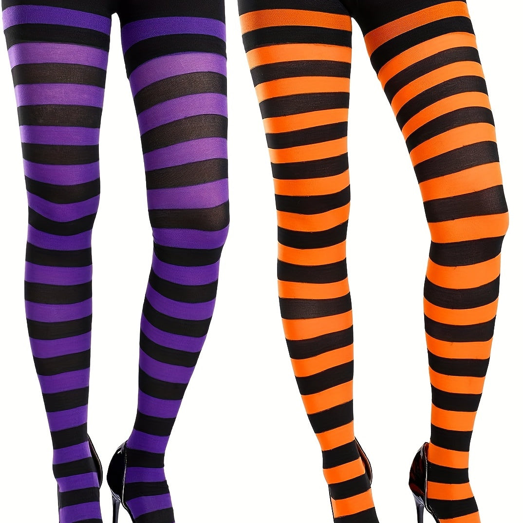 3 Pairs Striped Pantyhose High Waisted Elastic Slim Fit Footed Stockings