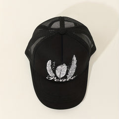 Peach Feather Print Trucker Hat Mesh Breathable Baseball Cap