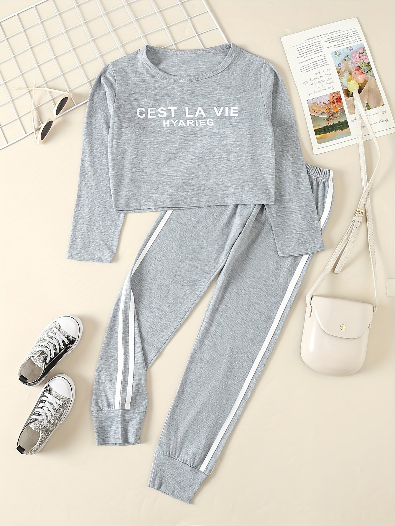 Girls CEST LA VIE 2pc Active Wear Set Crew Neck Top jogger Pants Set