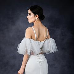 Puffy Sleeve Bridal Gown & Tulle Bridesmaid Dress