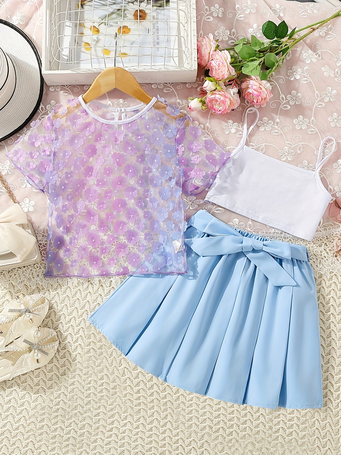 Girl's Flower Decor Mesh T shirt & Skirt Set Outfits For Summer