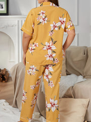 Floral Print Pajamas Set Short Sleeve Button Up Shirt & Pants