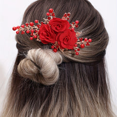 Red Flower Hair Comb Vintage Insert Comb Bridal Headdress Hair Comb