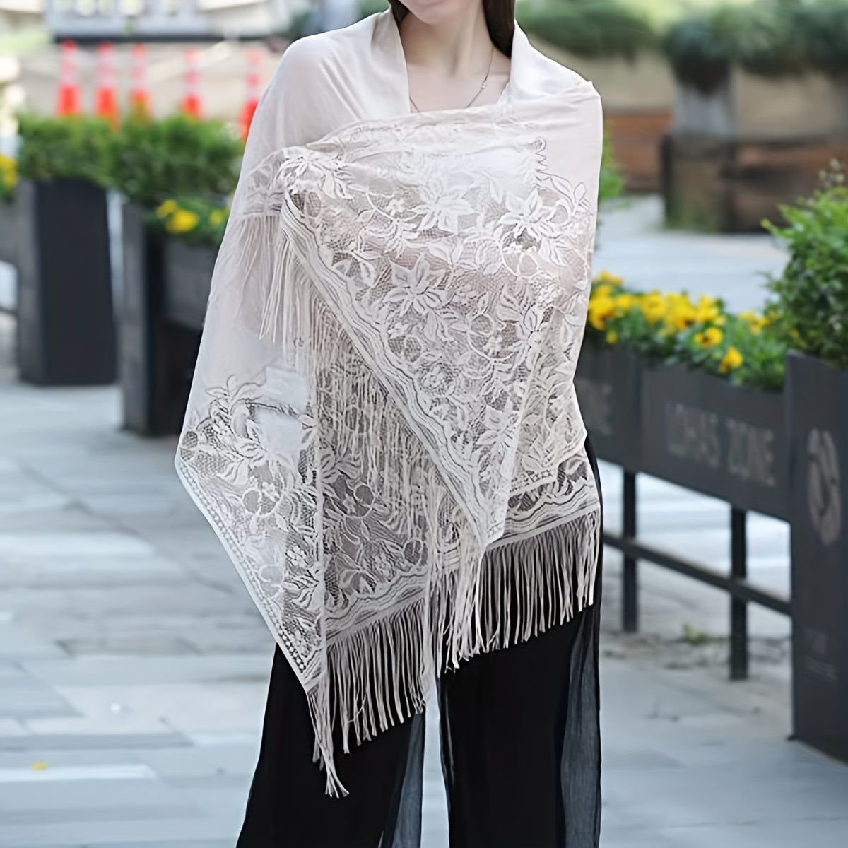 Solid Embroidery Scarf Lace Church Veil Wedding Bridal Shawl Hollow Tassel