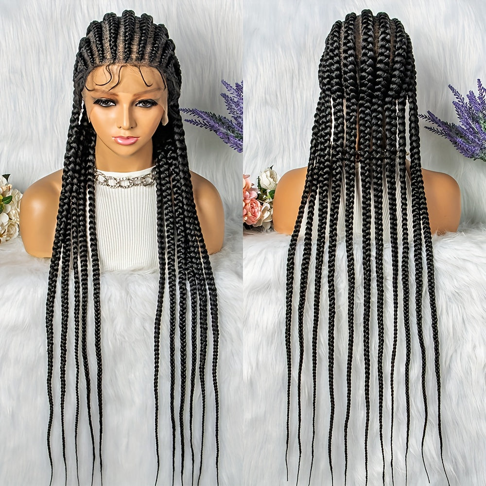 Stylish 91 Cm Full Lace Braided Wig With Baby Hair Synthetic Material 11 Braids