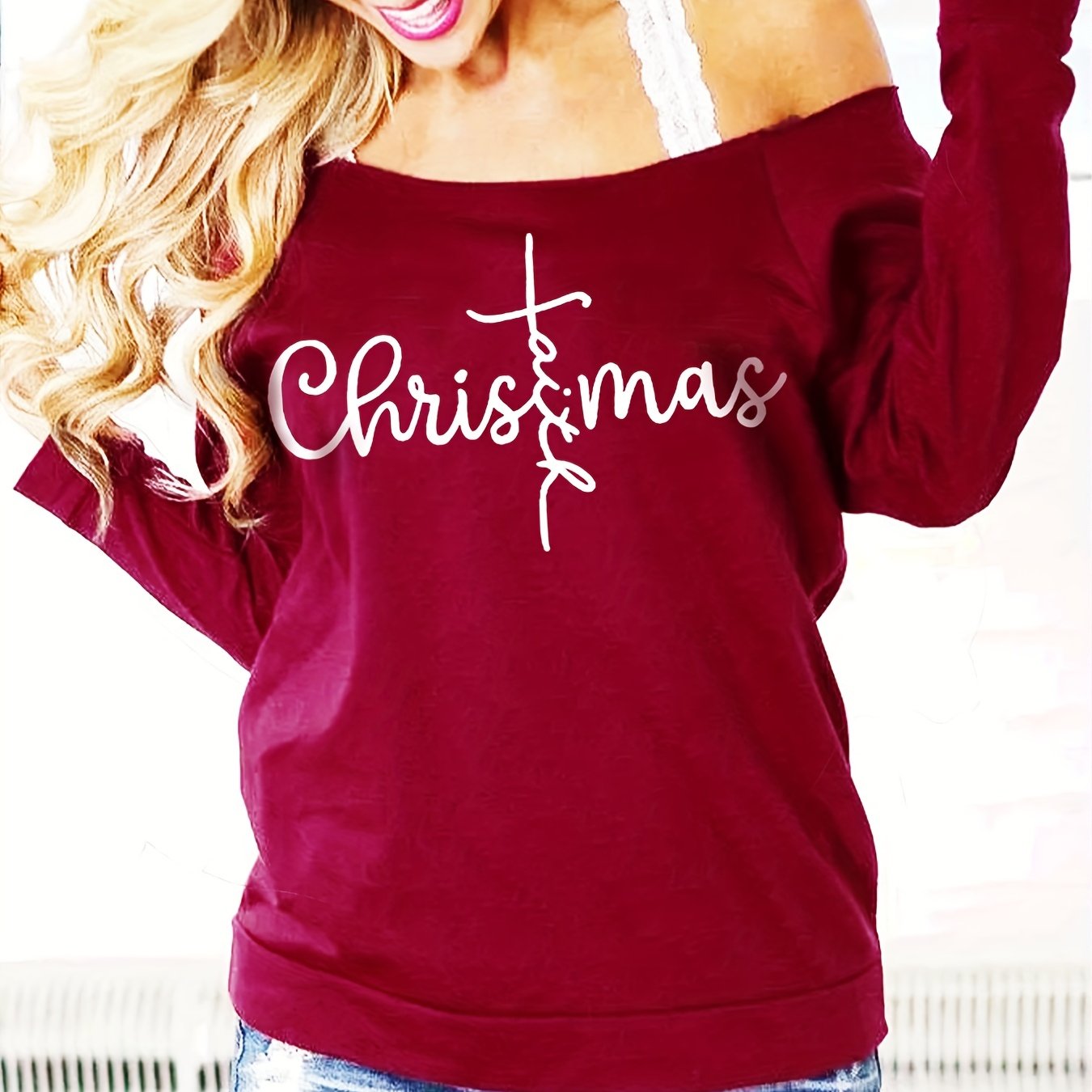 Christmas Print Pullover Sweatshirt Casual Long Sleeve Off Shoulder Sweatshirt