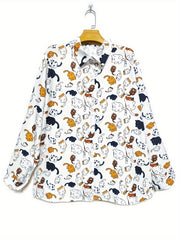 Cat Print Long Sleeve Button Up Top