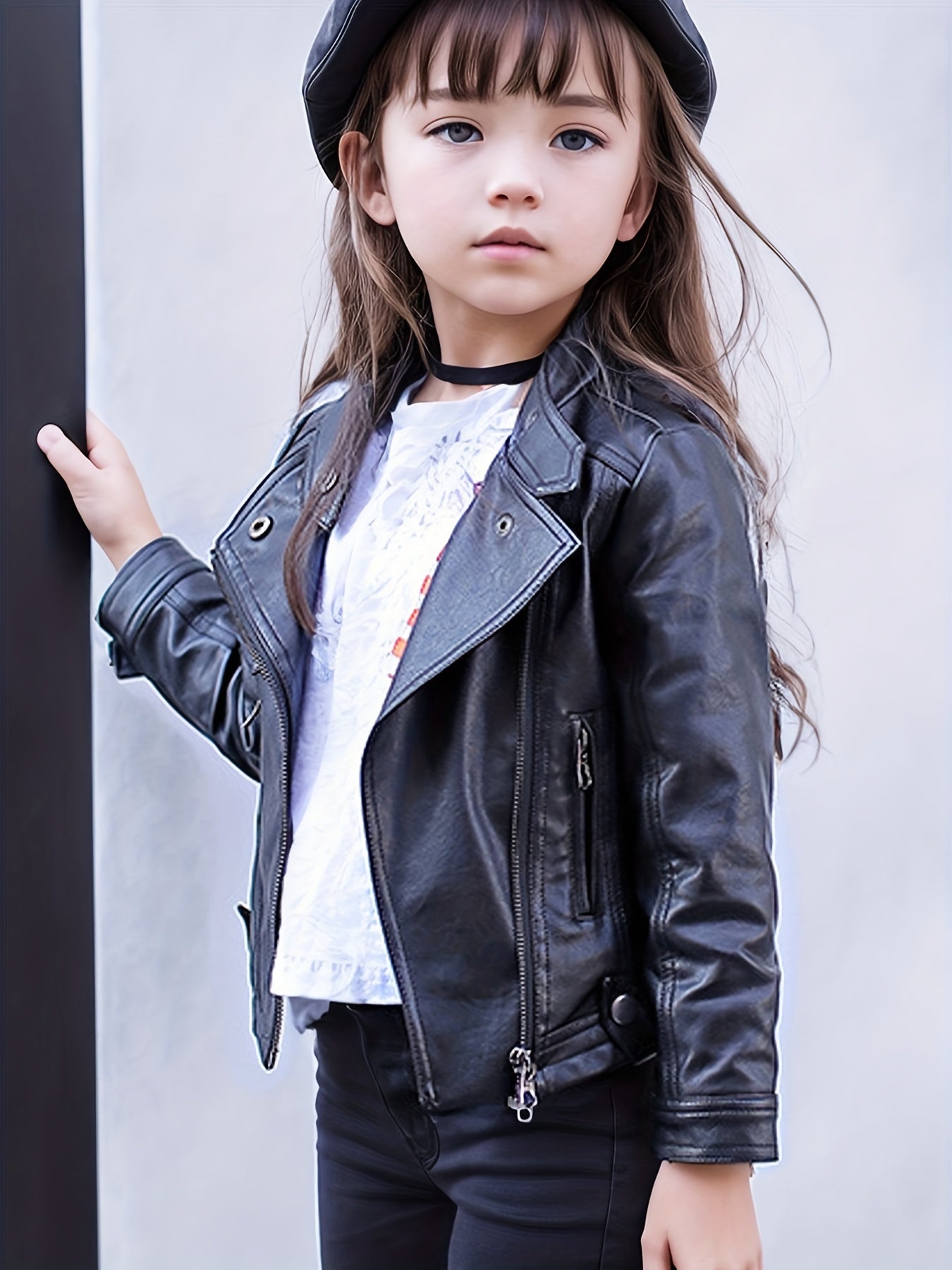 Girls Diagonal Zipper PU Leather Motorcycle Jacket