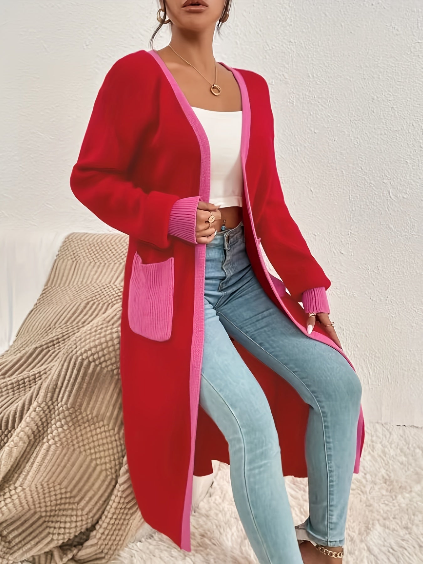 Open Front Knit Cardigan with Contrast Trim and Pocket