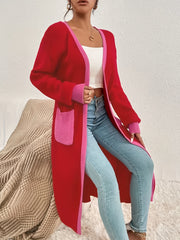 Open Front Knit Cardigan with Contrast Trim and Pocket