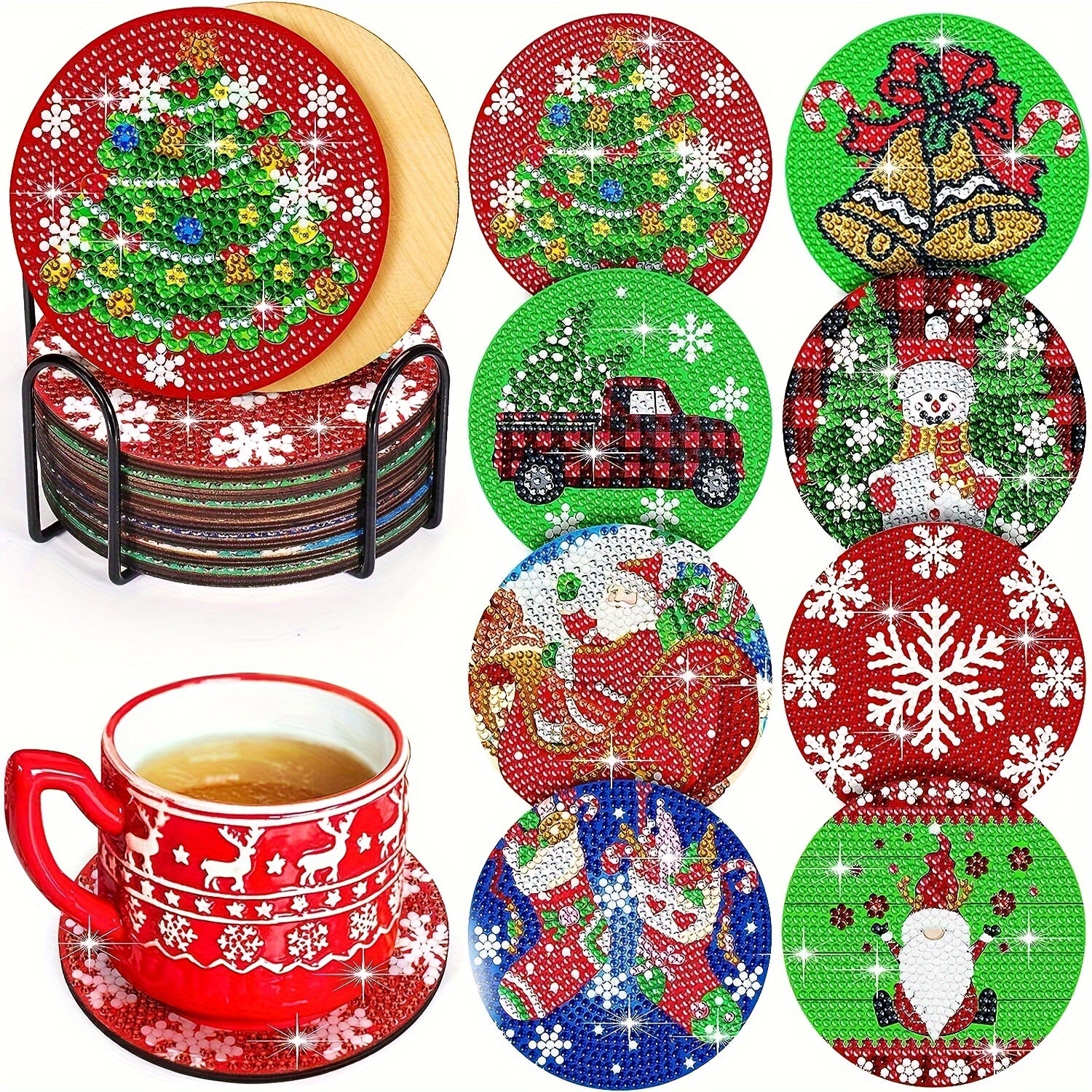 8pcs Diamond Art Set With Stand & Coaster for Christmas Decor