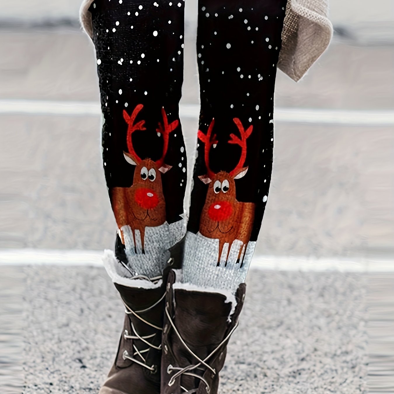 Women's Plus Reindeer Print Leggings High Rise Stretch Leggings