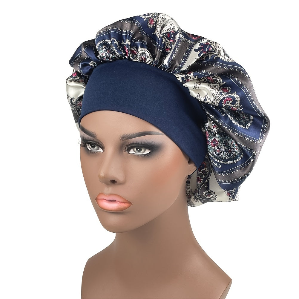 Printed Wide Ribbon Hair Cap Satin Bonnet for Women