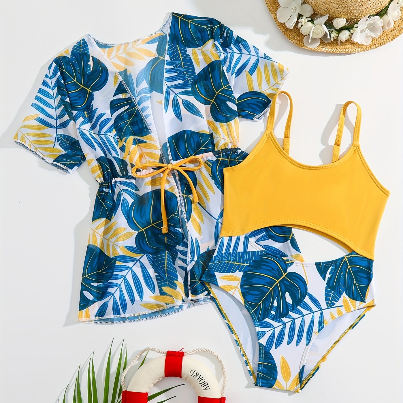 2pc Tropical Leaf Print One Piece Swimsuit & Cover Up Kimono