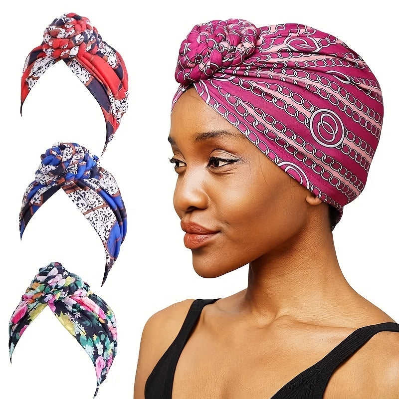 Boho Print Pleated Turban Cap Braided Twist Bonnet Head Wrap Head Scarf Beanie