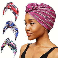 Boho Print Pleated Turban Cap Braided Twist Bonnet Head Wrap Head Scarf Beanie