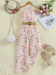Girls Sleeveless Flowers Halter Neck Rompers Jumpsuits for Beach Vacation
