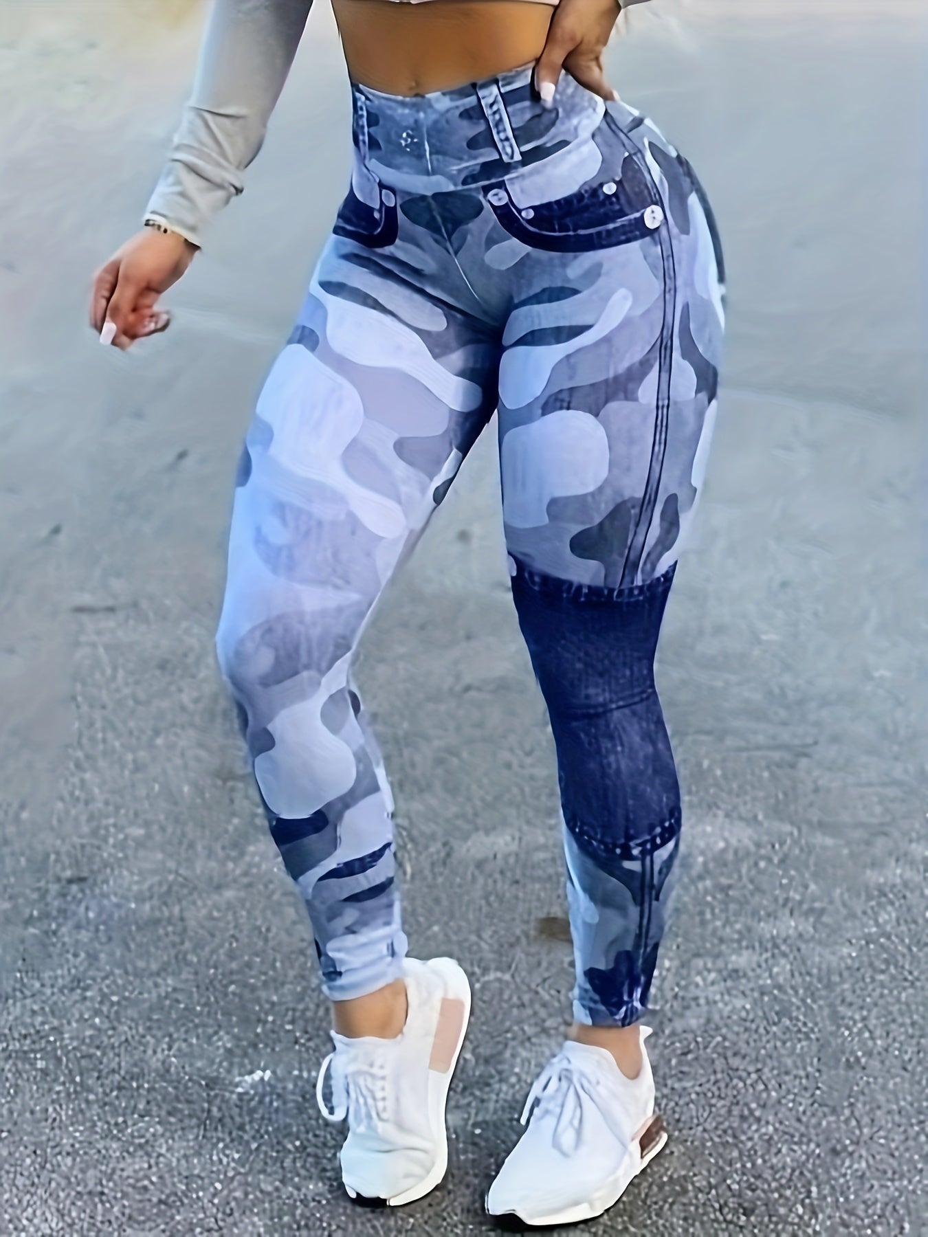 Colorblock Denim & Camo Print High Rise Leggings