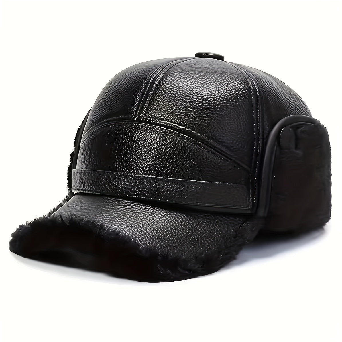 Winter Baseball Cap with Earflaps Faux Leather Warm Dad Hat