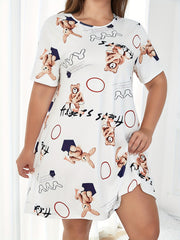 Bear & Bunny Print Short Sleeve Round Neck Tee Nightdress