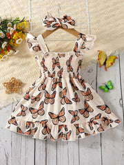 Baby Girls Butterfly Print Sleeveless Dress & Bow Headband Set