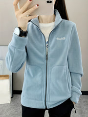 Letter Pattern Outdoor Jacket Long Sleeves Mock Neck Fleece Liner Coat