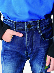 Boys Casual Vintage Denim Jeans Ripped Patch Straight Leg Pants