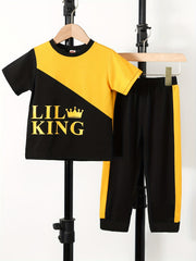 Boys King Crown Print Block Casual Outfit T shirt & Pants Set