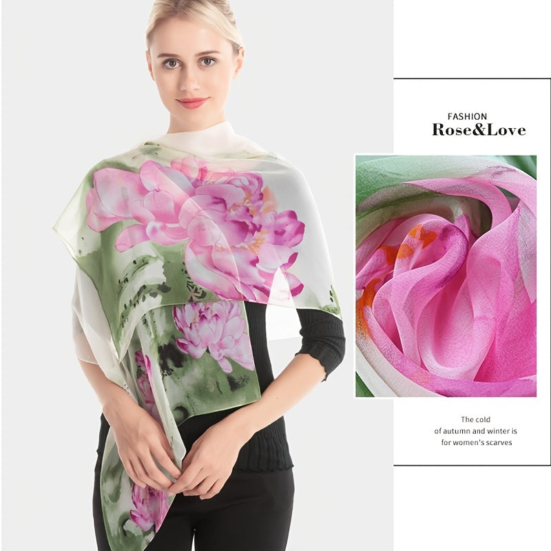Chiffon Ink Lotus Print Thin Headwrap Large Shawl Summer Beach Towel