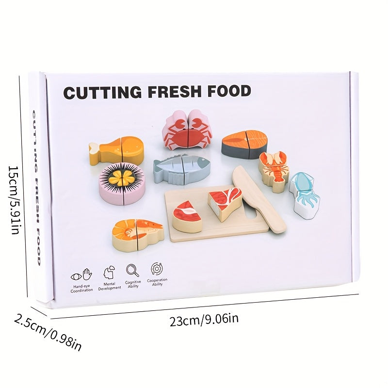 Wooden Pretend Play Set for Kids Fruit Seafood & Cutting Board Toys
