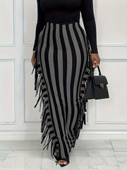 Stripe Print High Rise Fringe Trim Maxi Skirt
