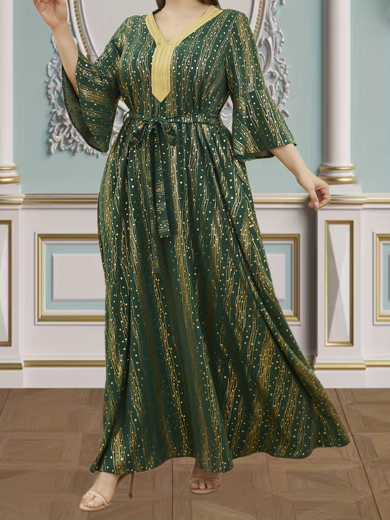 Kaftan Dress Women's Plus Dot & Stripe Print Lace Panel Maxi Kaftan