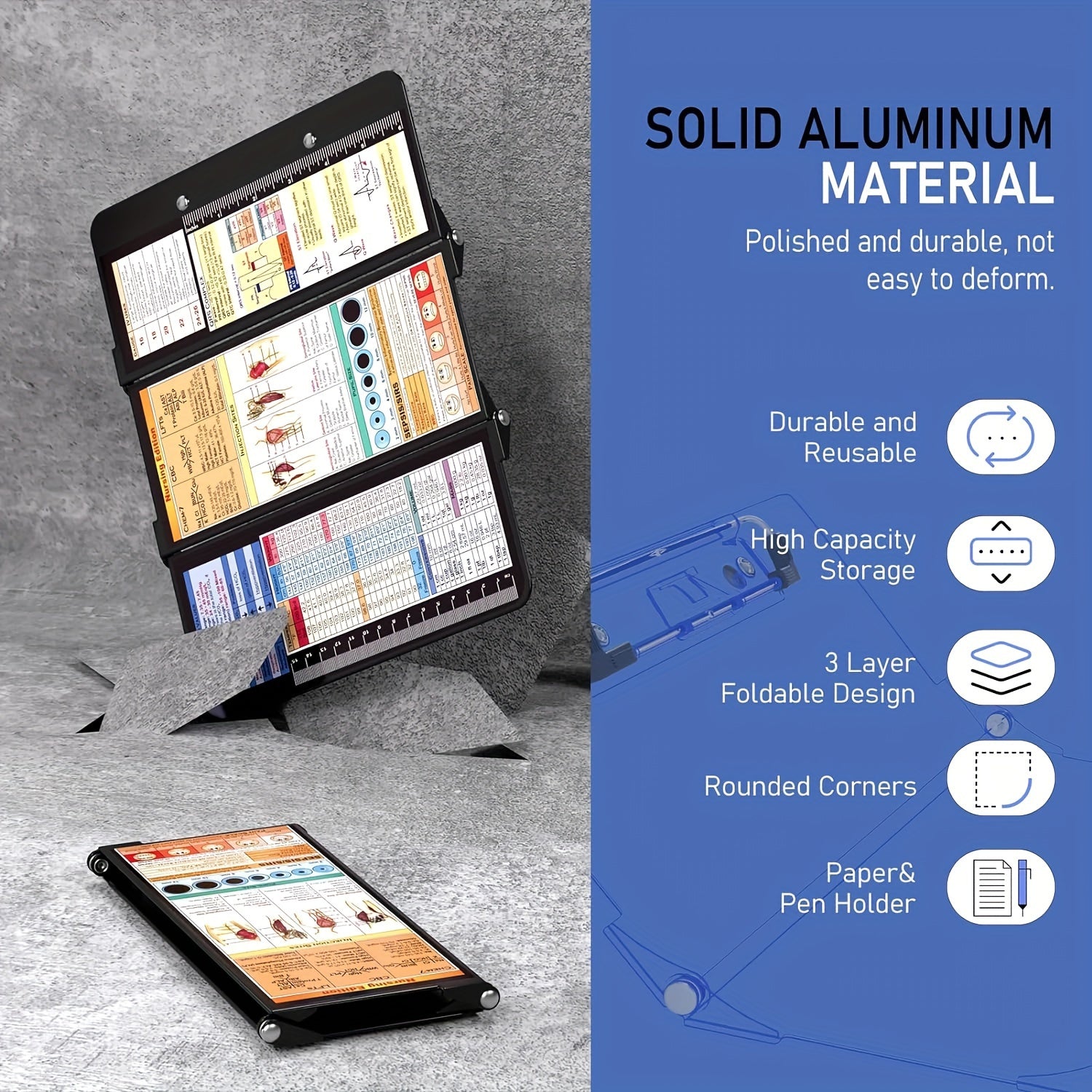 3-Layer Aluminum Nursing Clipboard with Cheat Sheets & Clip