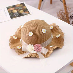 Child's Straw Hat Summer Sunshade Big Brim Straw Hat Bag Two Piece Outing